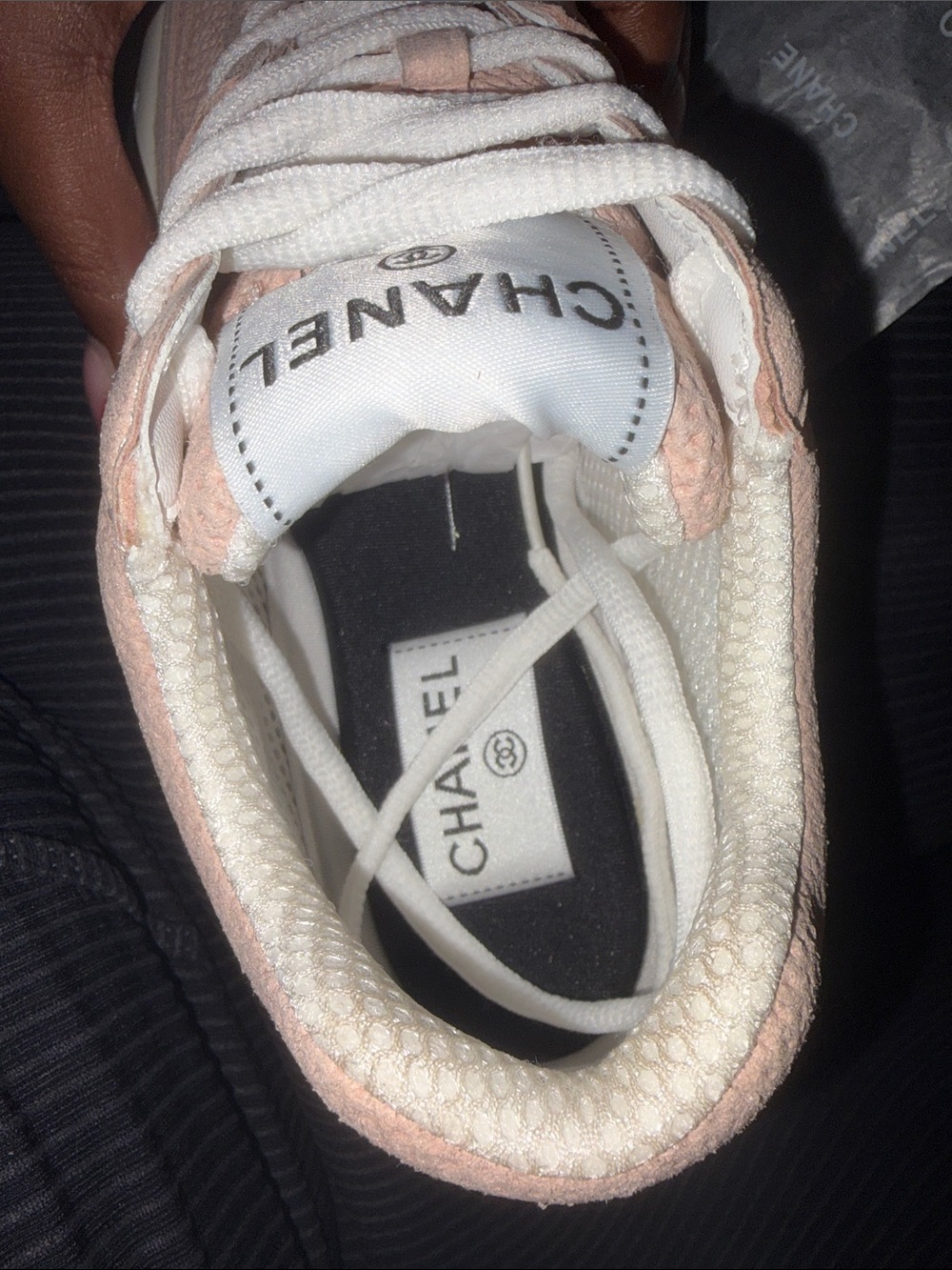 CHANEL Pink and Cream Leather Logo Runner Sneakers - Picture 6 of 7